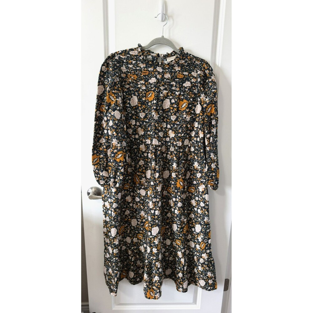 Universal Thread Navy & yellow Floral smocked Ruffle Neck Midi Dress Boho fall